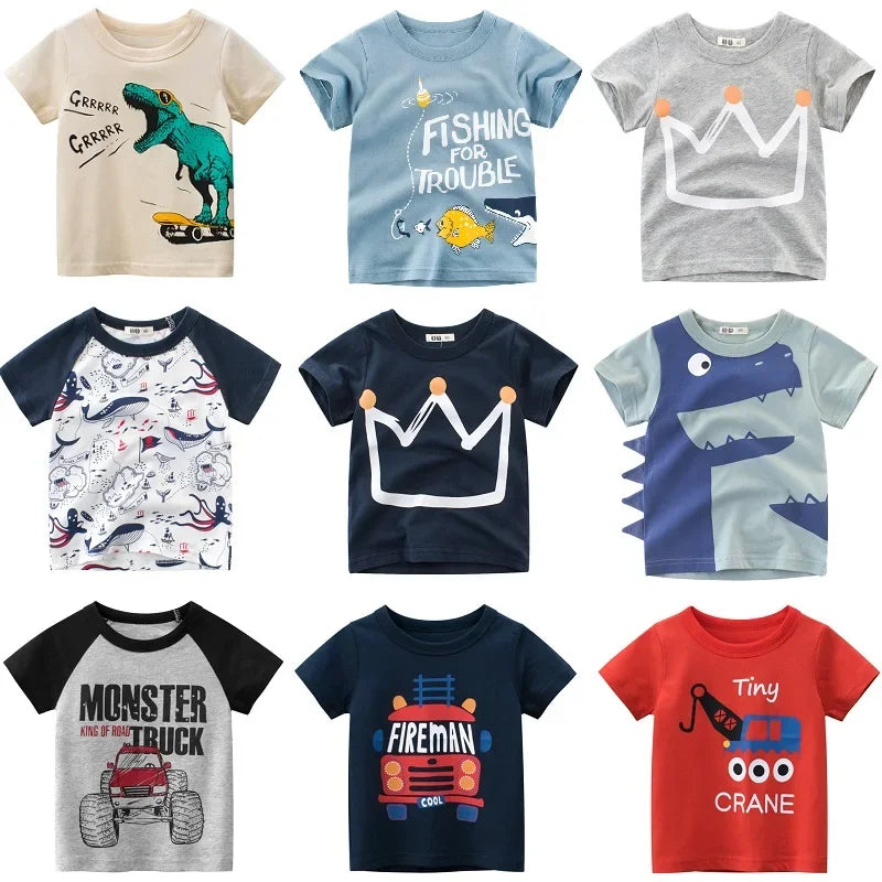 2-9 Y Boys T-Shirts Cartoon Animals Baby Kids Tees Children Cotton Short Sleeves Summer Tops Car Dinosaur Shark Printing