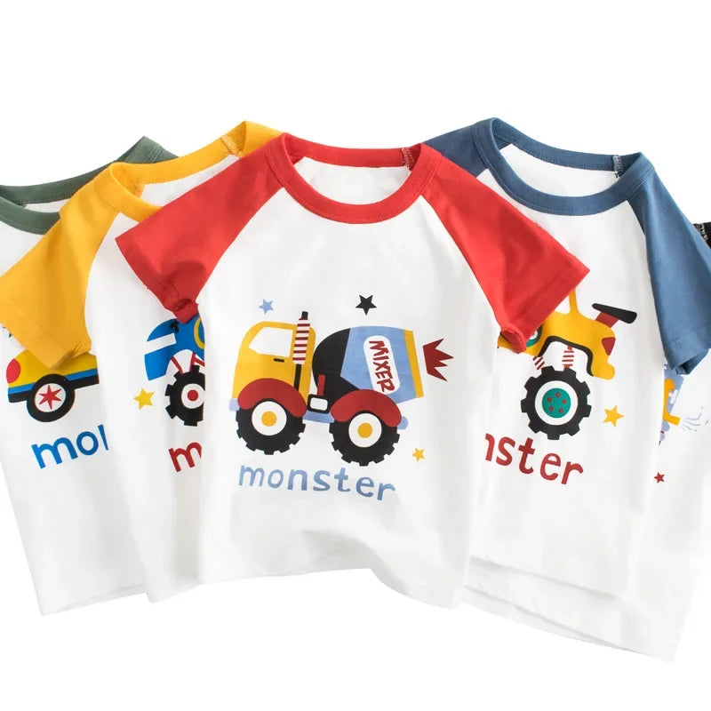 2-9 Y Boys T-Shirts Cartoon Animals Baby Kids Tees Children Cotton Short Sleeves Summer Tops Car Dinosaur Shark Printing