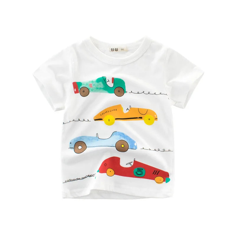 2-9 Y Boys T-Shirts Cartoon Animals Baby Kids Tees Children Cotton Short Sleeves Summer Tops Car Dinosaur Shark Printing