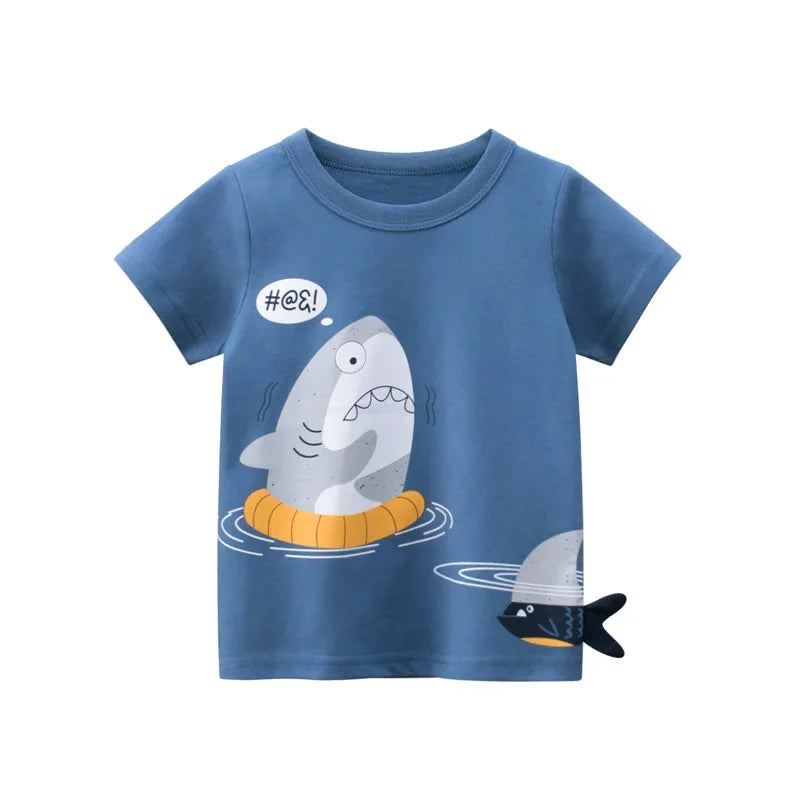 2-9 Y Boys T-Shirts Cartoon Animals Baby Kids Tees Children Cotton Short Sleeves Summer Tops Car Dinosaur Shark Printing